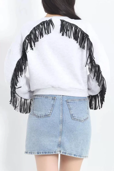 Deri Saçaklı Sweat Gri - 12690.148. - 7