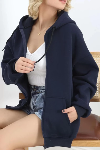 Kapşonlu Fermuarlı 3 İplik Sweat Lacivert - 20240.053. - 5