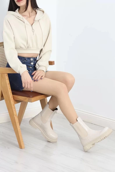 Modal Kapşonlu Crop Sweat Bej - 12885.148. - 2