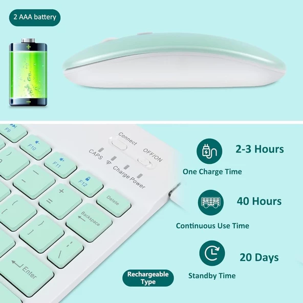 Hegitech Pro 8 8" Uyumlu Kablosuz Bluetooth Şarj Edilebilir Klavye Mouse Seti - Yeşil - Resim 2