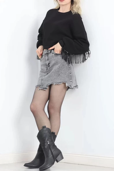 Deri Saçaklı Sweat Siyah - 12690.148. - 4