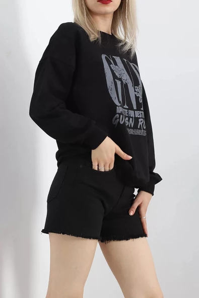 Baskılı İki İplik Oversize Sweat Siyah - 21648.200. - 5