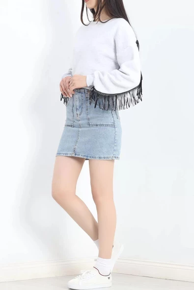 Deri Saçaklı Sweat Gri - 12690.148. - 6