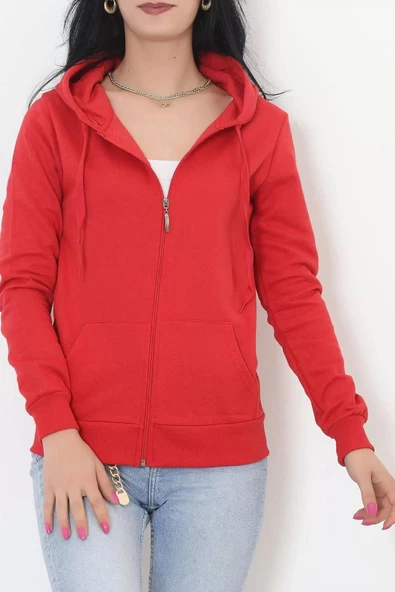 İç Tüylü Kapşonlu Fermuarlı Sweat Kırmızı - 11866.108. - 3
