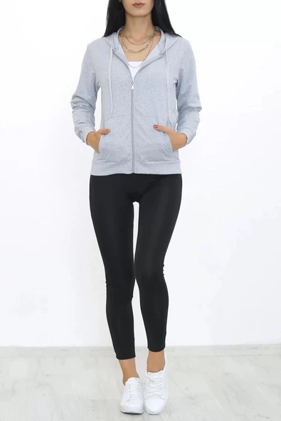 Kapşonlu Fermuarlı Sweat Gri - 3001.275. - Resim 2