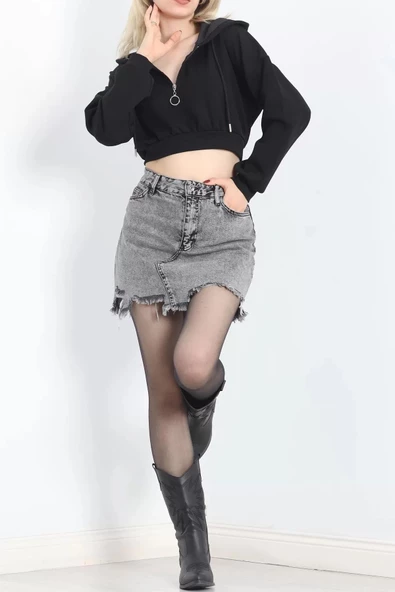 Modal Kapşonlu Crop Sweat Siyah - 12885.148. - 6