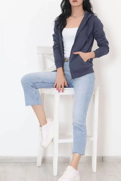 İç Tüylü Kapşonlu Fermuarlı Sweat Koyuindigo - 11866.108. - 2