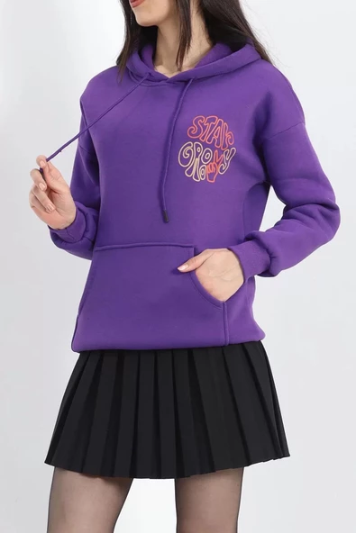 Baskılı Kapşonlu Kanguru Sweat Mor - 20244.1878. - 3