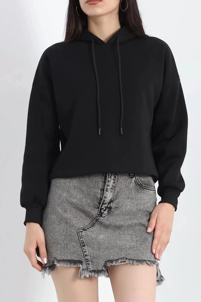 Kapşonlu 3 İplik Crop Sweat Siyah - 20969.1878. - 3