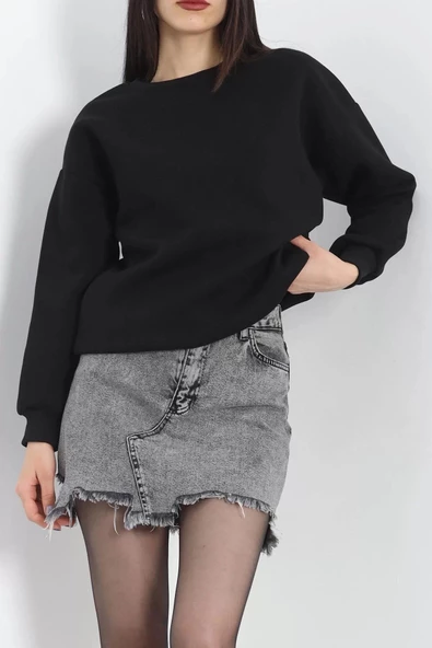 Bisiklet Yaka Üç İplik Sweat Siyah - 20138.1878. - Resim 3