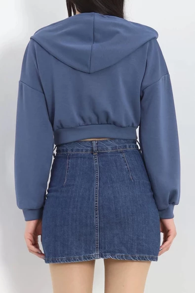 Modal Kapşonlu Crop Sweat İndigo - 12885.148. - Resim 7
