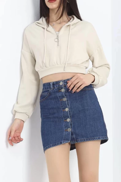 Modal Kapşonlu Crop Sweat Bej - 12885.148. - 3