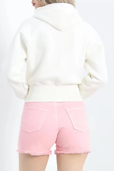 3 İplik Kapşonlu Crop Sweat Ekru - 20967.1878. - 8