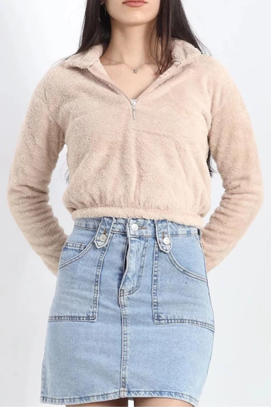Fermuarlı Crop Peluş Sweat Bej - 9060.1153. - 3