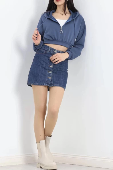 Modal Kapşonlu Crop Sweat İndigo - 12885.148. - Resim 2