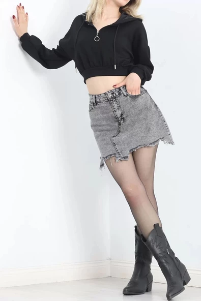 Modal Kapşonlu Crop Sweat Siyah - 12885.148. - 2