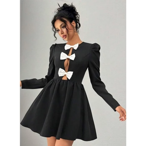 Lucky Life Lucky Life Kadın Dalgıç Kumaş Fiyonk Detaylı Uzun Kollu Mini Boy Elbise - 5