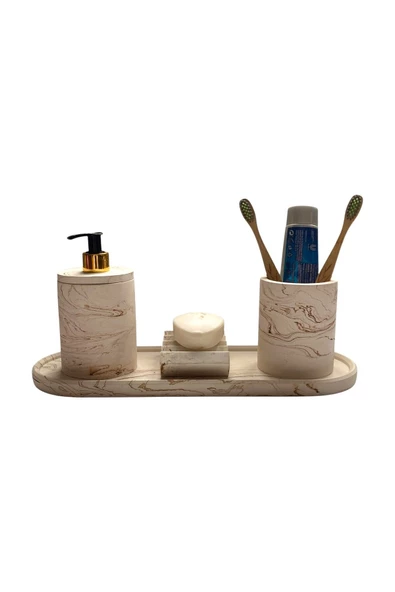 Çağdaş Mermer Dokulu Beton Banyo Aksesuar Seti (4 Parça) - 10