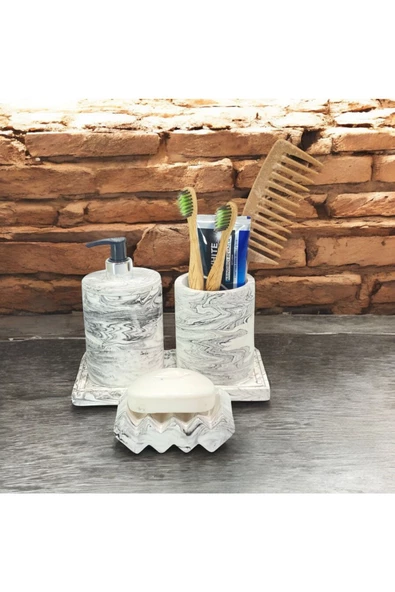 Lüks Mermer Desenli Beton Banyo Aksesuar Seti (4 Parça) - 3