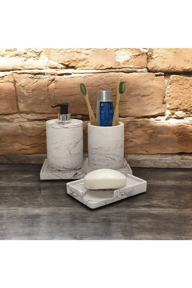 Modern Tasarımlı Mermer Temalı Beton Banyo Aksesuar Seti (4 Parça) - 5