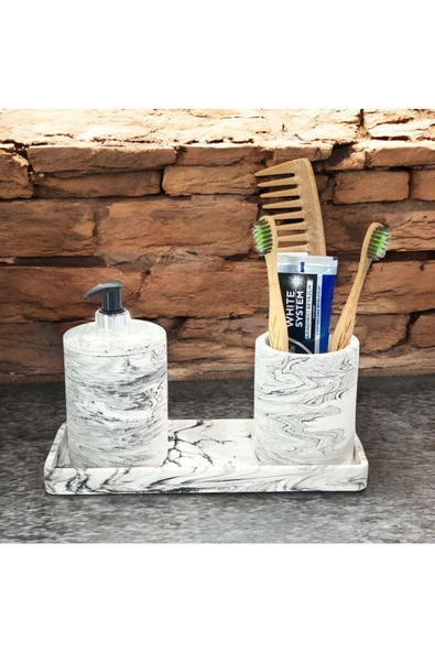 Lüks Mermer Desenli Beton Banyo Aksesuar Seti (3 Parça) - 4