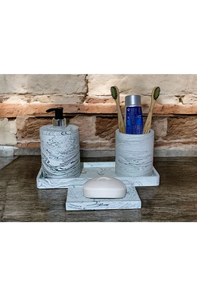 Mermer Esintili Modern Beton Banyo Aksesuar Seti (4 Parça) - 2