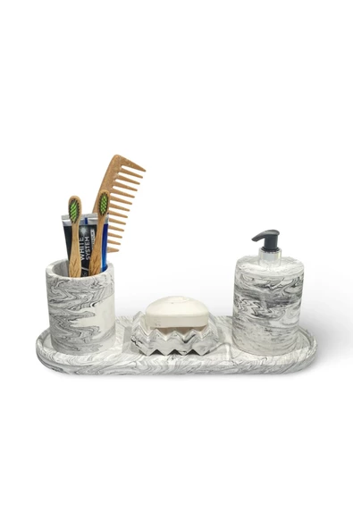 Çağdaş Mermer Dokulu Beton Banyo Aksesuar Seti (4 Parça) - 2