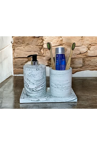 Doğal Görünümlü Mermer Esintili Beton Banyo Aksesuar Seti (3 Parça) - 5