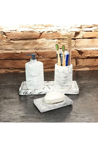 Estetik Mermer Desenli Beton Banyo Aksesuar Seti (4 Parça) - 4