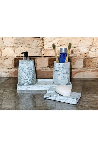 Doğal Görünümlü Mermer Esintili Beton Banyo Aksesuar Seti (4 Parça) - 4