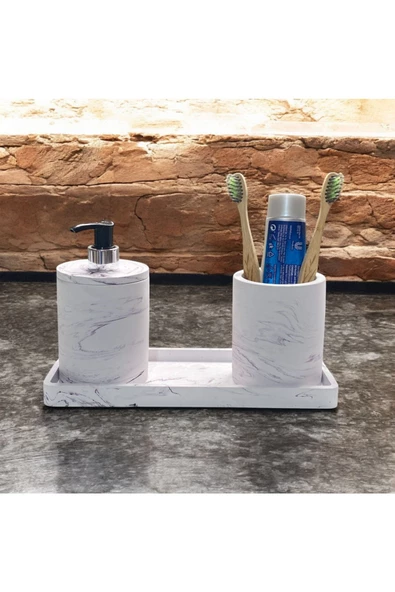 Lüks Mermer Desenli Beton Banyo Aksesuar Seti (3 Parça) - 3