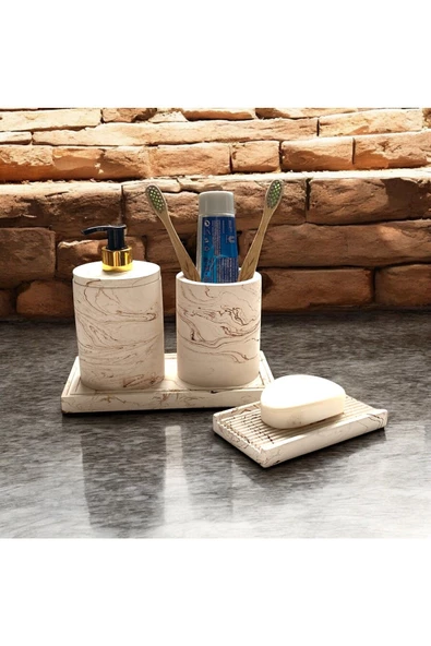 Şık Mermer Dokulu Beton Banyo Aksesuar Seti (4 Parça) - 2