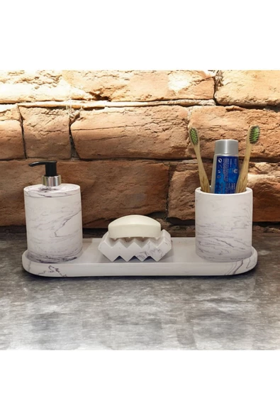 Çağdaş Mermer Dokulu Beton Banyo Aksesuar Seti (4 Parça) - 7