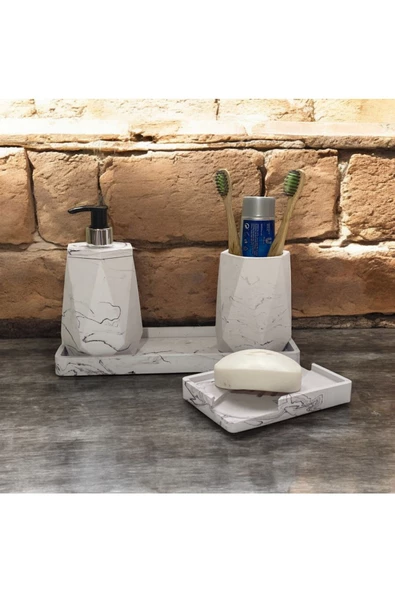 Doğal Görünümlü Mermer Esintili Beton Banyo Aksesuar Seti (4 Parça) - 3