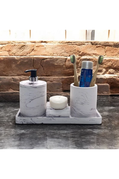Mermer Detaylı Şık Beton Banyo Aksesuar Seti (4 Parça) - 3
