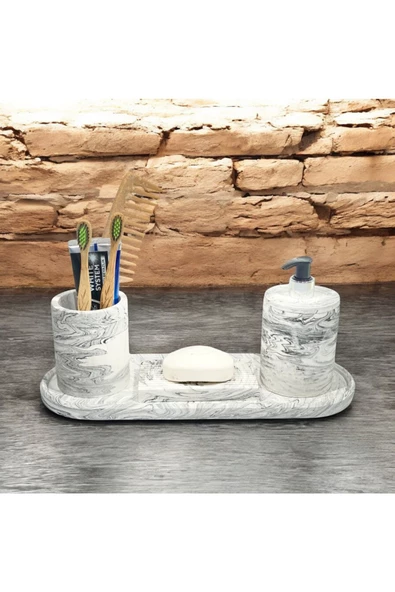 Trend Mermer Temalı Beton Banyo Aksesuar Seti (4 Parça) - 3
