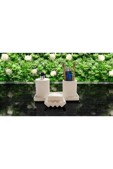 Mermer Detaylı Şık Beton Banyo Aksesuar Seti (4 Parça) - 5