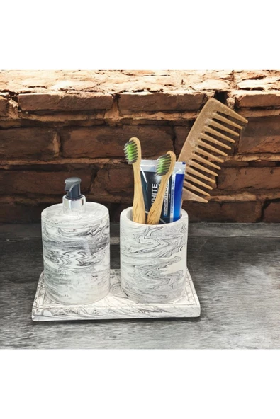 Doğal Görünümlü Mermer Esintili Beton Banyo Aksesuar Seti (3 Parça) - 4