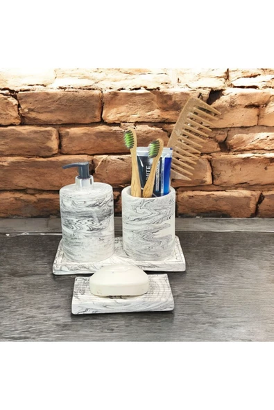 Şık Mermer Dokulu Beton Banyo Aksesuar Seti (4 Parça) - 5