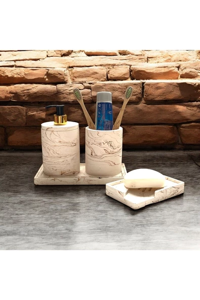 Modern Tasarımlı Mermer Temalı Beton Banyo Aksesuar Seti (4 Parça) - 3