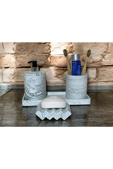 Mermer Detaylı Şık Beton Banyo Aksesuar Seti (4 Parça) - 2