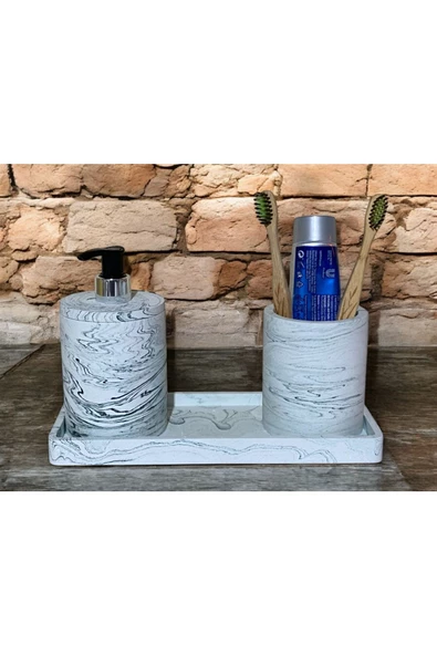 Lüks Mermer Desenli Beton Banyo Aksesuar Seti (3 Parça) - 5
