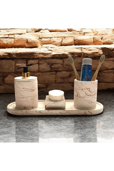 Çağdaş Mermer Dokulu Beton Banyo Aksesuar Seti (4 Parça) - 9