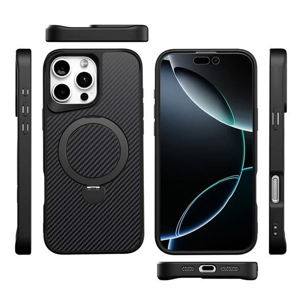 Gpack Apple iPhone 14 Pro Max Kılıf Karbon Fiber Magsafeli Standlı Alp Kapak - Resim 3