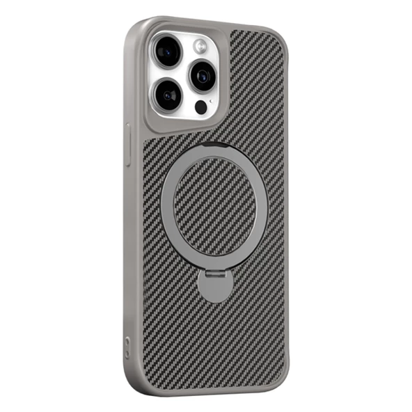 Gpack Apple iPhone 15 Pro Kılıf Karbon Fiber Magsafeli Standlı Alp Kapak - 4