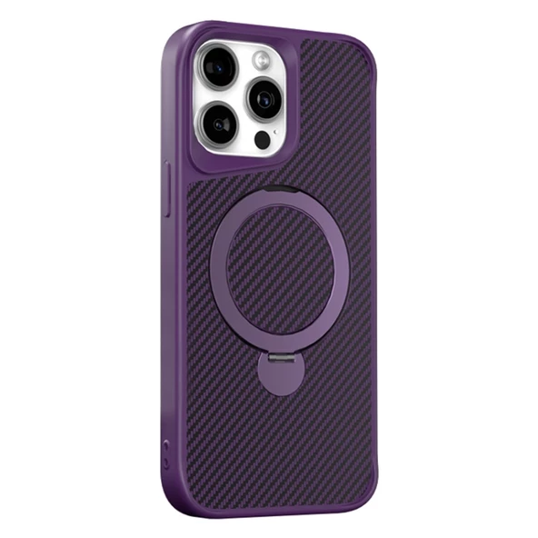 Gpack Apple iPhone 15 Pro Kılıf Karbon Fiber Magsafeli Standlı Alp Kapak - 5