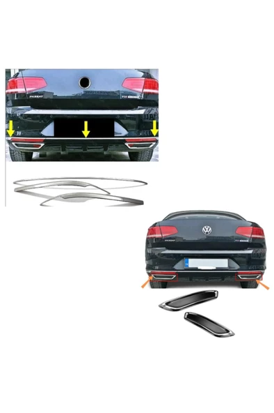 Vw Passat B8 Krom Arka Tampon Alt Çıta + Egzoz Görünümlü Difüzör 2015-2019 Paslanmaz Çelik ürün görseli 1
