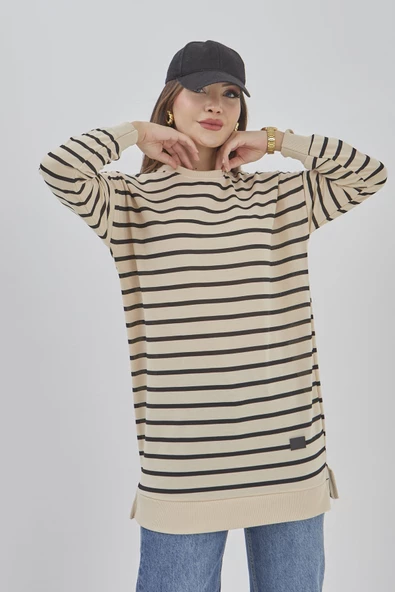 Kadın Çizgili Mevsimlik Bisiklet Yaka Tunik Sweatshirt - 7