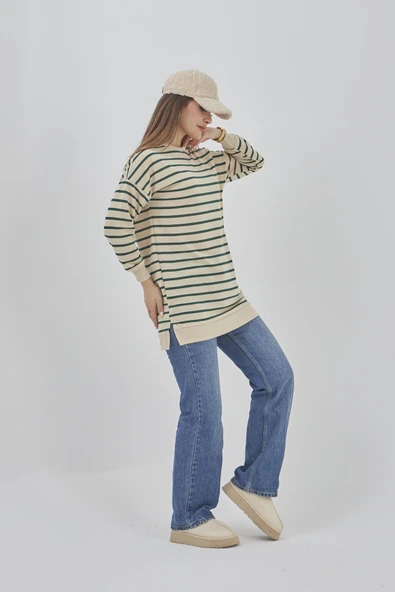 Kadın Çizgili Mevsimlik Bisiklet Yaka Tunik Sweatshirt - 8
