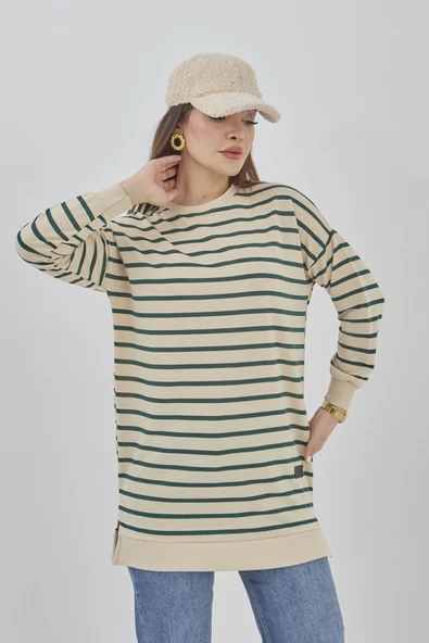 Kadın Çizgili Mevsimlik Bisiklet Yaka Tunik Sweatshirt - 9